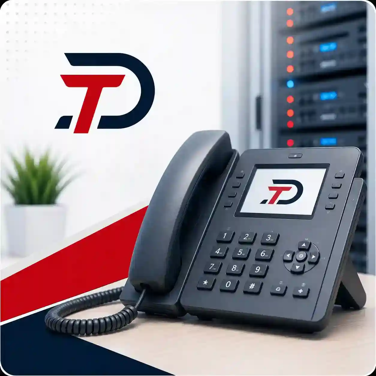 VoIP desk phone in a server room, running Dallas Tech Pros' Asterisk-based phone system